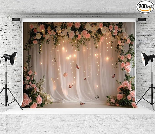 8x8ft Pink White Rose Flowers Wedding Backdrop White Curtain Glitter Light Butterfly Decoration Photography Background Children Baby Shower Birthday Party Backdrop for Video Studio Prop