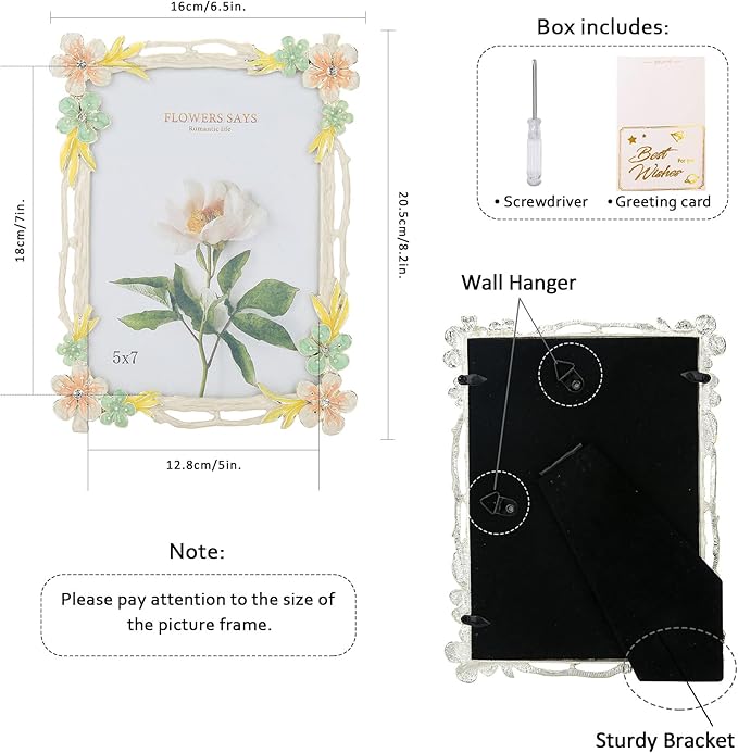 5x7 Picture Frame Enamel Floral Design Metal Photo Frame with HD Glass, Tabletop or Wall Home Art Decoration, Creative Gifts Ideas for Flower Lovers, Horizontall & Verticall