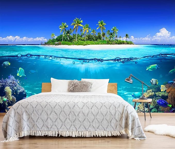 Tropical Islands and Coral Reefs, Waterline Split Landscape Mural, Beach Coconut Tree Wall Mural（Non-self-Adhesive）
