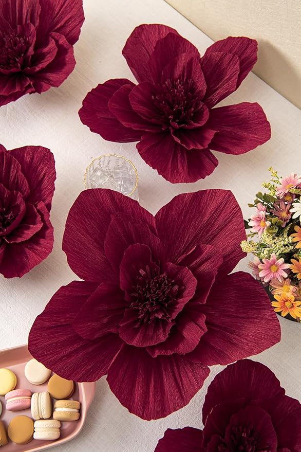 12" 3D Paper Flower Decoration for Party, Wedding Decoration, Background Wall, Nursery Room Decoration, Bridal Shower, Baby Shower(Burgundy, 5 Pcs)