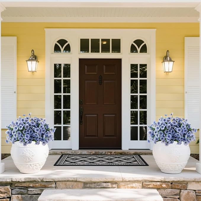 12 Bundles Artificial Flowers for Outdoor, UV Resistant Faux Mums with Eucalyptus Leaves Fake Plants for Outdoor Planters Greenery Boxwood Porch Patio Decoration