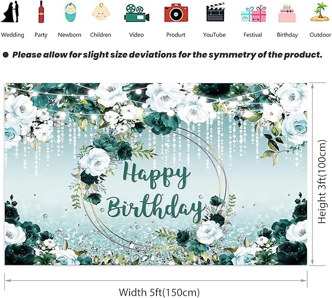 Renaiss 6x4ft Floral Happy Birthday Backdrop for Woman Fabric Green White Flowers Blooming Flower Photography Background Shinning Diamond Photo Backdrops for Birthday Party Supply