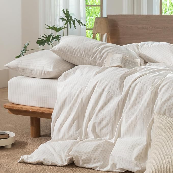 MooMee Striped Duvet Cover Set 100% Washed Cotton Linen Like Textured Breathable Durable Soft Comfy (White Almond Milk Grey Wide Stripes, Palatial King/Oversized King 120"x98")