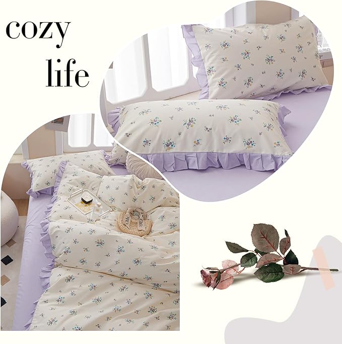 VM VOUGEMARKET Ruffle Comforter Set Queen, Purple Flower Bedding Set,3 Pieces Shabby Chic Coquette Cottagecore Aesthetic Lace Comforter with 2 Pillow Shams,Queen Size