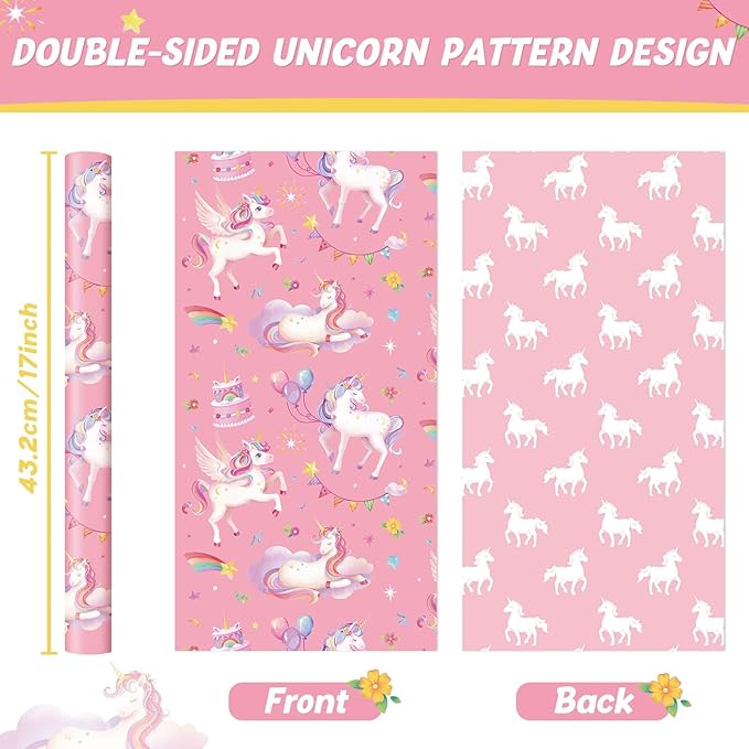 WERNNSAI Unicorn Gift Wrapping Paper - 1 Roll 17”x 33 ft Unicorn Birthday Wrapping Paper Pink Girl Gift Packing Supply Baby Shower Princess Theme Party Favor