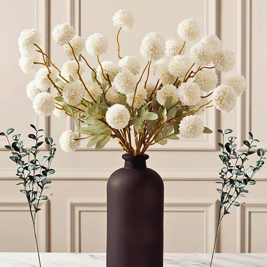 RyddeligHome White Faux Flowers for Vase - Kiku 10 Stems & Eucalyptus, Fake Flowers Stems for Pottery Vase, Realistic Artificial Flowers, Pom Pom Balls for Aesthetic Farmhouse Barn Room Decor