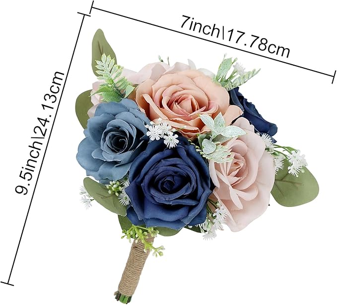 Set of 4 Bridesmaid Bouquets for Wedding - 7 Inch Artificial Flowers Bouquets for Ceremony Anniversary Centerpieces Decorations - Navy & Dusty