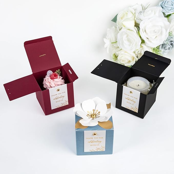 FEIYI 20 PCS Burgundy Gift Boxes, 3 In 1 Favor Boxes with Floral Decor, White Thank You Tags Gift wrapping for Wedding, Christmas, Baby Shower, Birthday, Decorations Party - 3.55x3.55x3.55