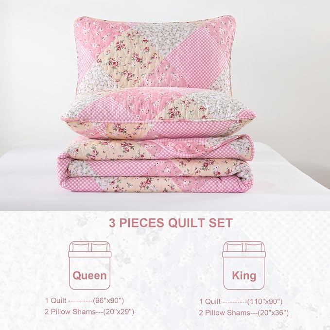 Dinjoy Pink Quilt Set Queen Size, Reversible Floral Plaid Patchwork Pattern Bedding Set Soft Microfiber Lightweight Bedspread Coverlet 3 Piece Spring Summer Use (90x96 inches)