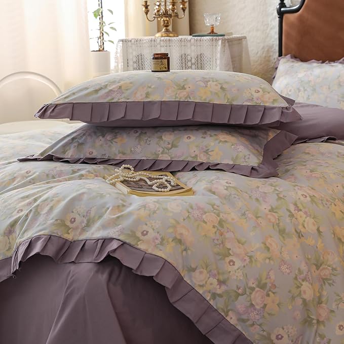 Ruffle Duvet Cover Set Twin Girls Cute Flower Duvet Cover with Purple Ruffles Cottagecore Bedding Vintage Floral Comforter Cover with 2 Pillowcases Princess Lace Bedding Flower Comforter Cover Twin