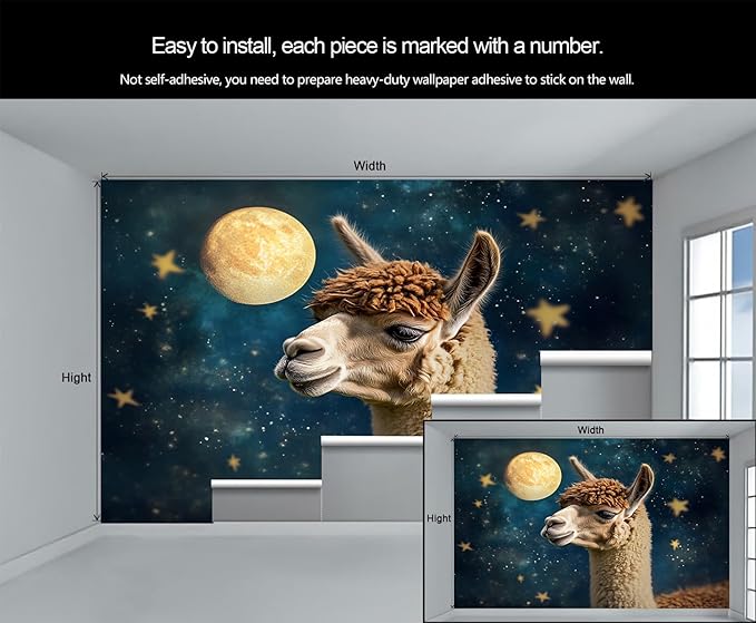 Starry Sky Alpaca Wall Mural, Dreamy Galaxy Moon Alpaca 3D Wall Murals, Cute Animal Wallpaper Mural, for Living Room Bedroom Large Wallpaper Indoor Decor 118" W x 82.6 "H