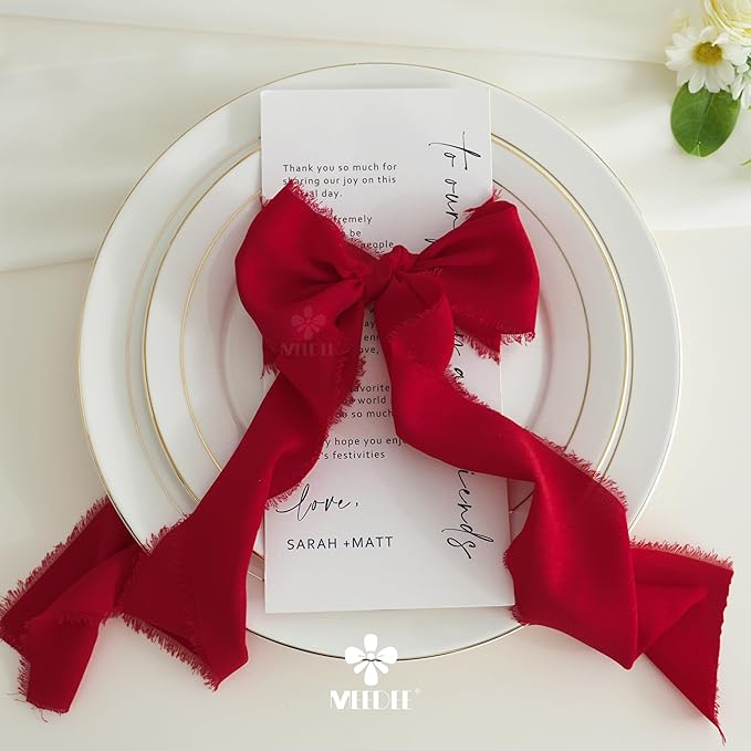 MEEDEE Red Chiffon Ribbon 3 Inch Frayed Ribbon Chiffon Silk Red Fringe Ribbons Wide Chiffon Ribbons for Crafts, Flower Bouquet, Wedding Favors Wrapping (2 Rolls 10 Yards)