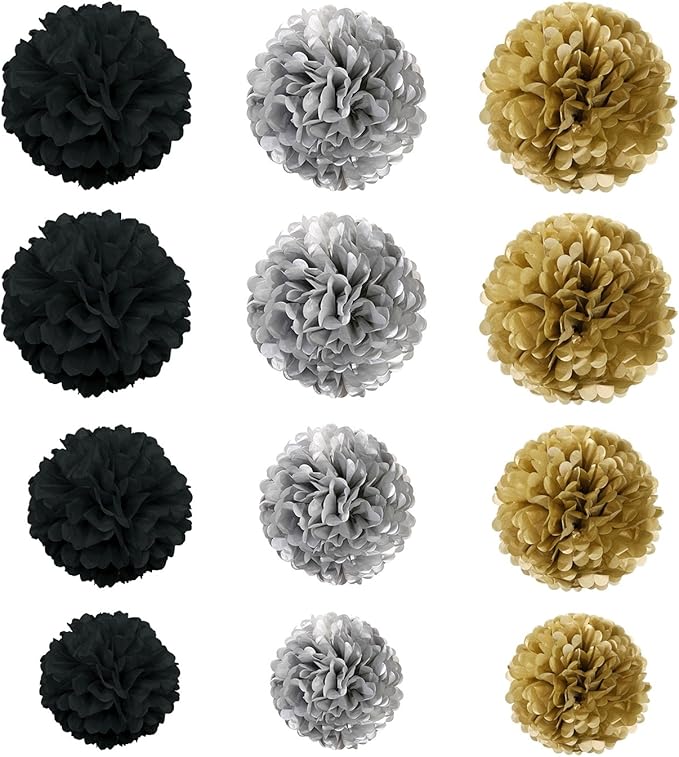 Tissue Paper Pom Poms, Recosis Paper Flower Ball for Birthday Party Wedding Baby Shower Bridal Shower Festival Decorations 18 Pcs - Black, Gold and Silver