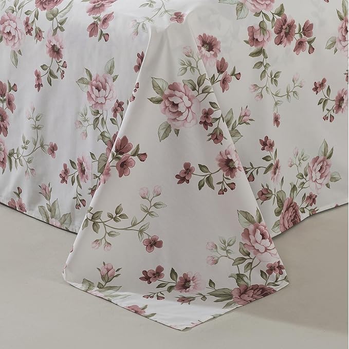 FADFAY Beige Vintage Floral Cal King Size Sheets Set Premium 100% Cotton Shabby Brick Red Rose Pattern Bedding Set Deep Pocket Sheets with 2 Pillowcases Luxury Breathable Soft 4Pcs, Cal King Size