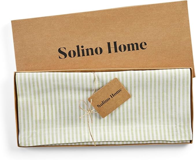 Solino Home Linen Table Runner 72 Inches Long - Narrow Stripe, 100% Pure Linen Sage and White Table Runner 14 x 72 Inch for Dining, Dresser, Spring, St Patricks Day, Easter