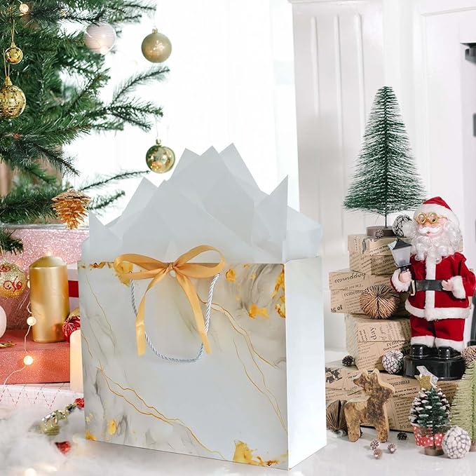 White Gold Gift Bags, 2PCS 13” Large Gift Bags with Tissue Paper and Greeting Cards, Gift Bag with Handles Bow for Women Girls, White Gift Bags for Birthday Wedding Bridal Baby Shower Anniversaries