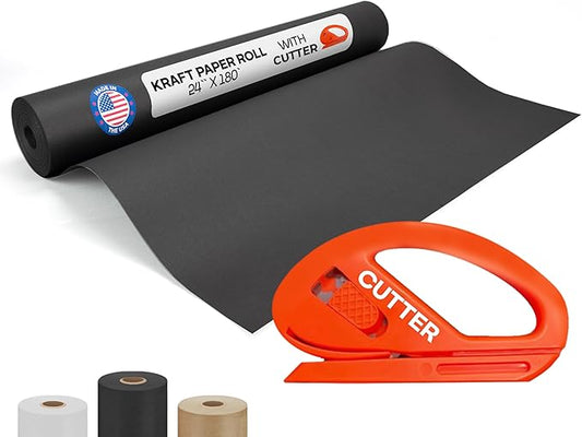 Black Kraft Paper Roll 24" x 2160" (180 feet) with Cutter - USA-Made Quality Paper 50lb Thickness for Wrapping, Packing, Moving, Shipping, & Crafts/Arts - Natural Kraft Material by IDL Packaging