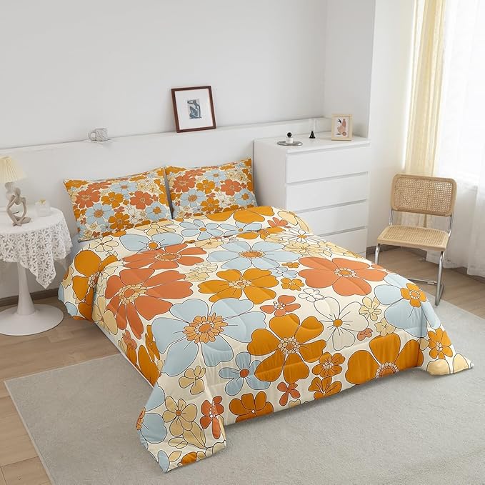 Castle Fairy Retro 70s 60s Floral Hippie Comforter Set Twin Size,Summer Groovy Flowers Quilt Set for Kids Boys Bedroom Collection,Boho Plant Polyester Bedding with 1 Pillowcase,2Pcs