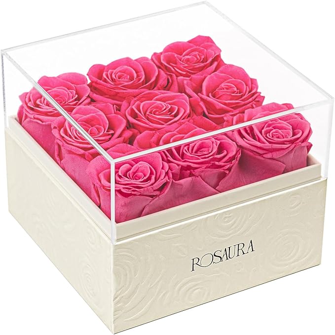 Rosaura Square Preserved Roses Gift Box - Real Forever Flowers in Clear Acrylic Lid, Christmas, Valentine's for Women (Pink, 9 Roses)