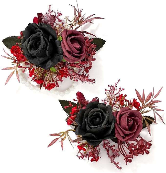 Serwalin Black Bungundy Wrist Corsage and Boutonniere Set 2pcs, 6-7inch Boutonniere for Men, Corsage Wristlet Wristband Prom Flower Wedding Flowers Accessories Prom Suit Decorations