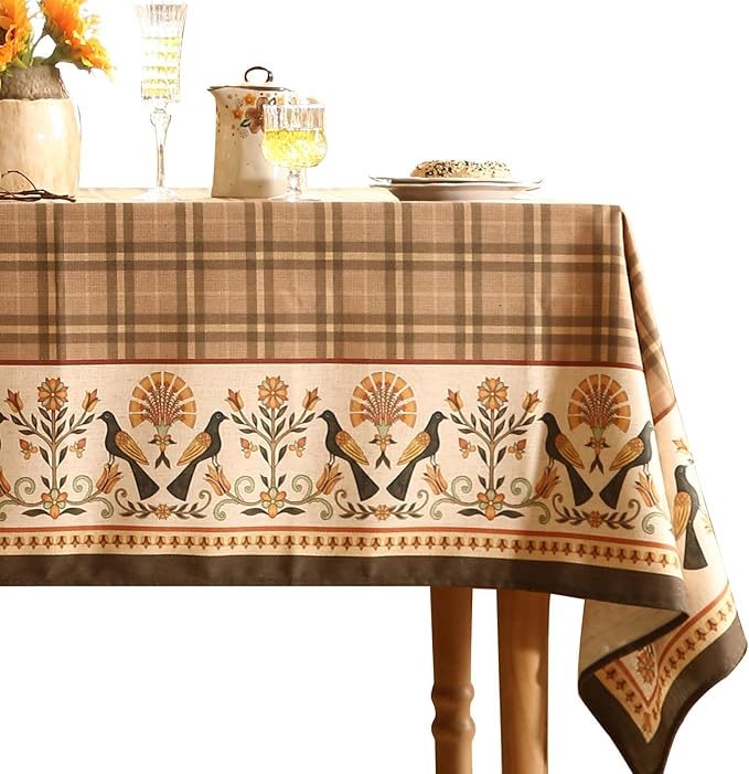 Vintage Brown Checkered Rectangle Tablecloth,Italian Floral Linen Wrinkle Resistant Table Cloth,Decor Table Cover for Kitchen,Dining,Thanksgiving,Christmas,Tea Party,55"*87"-Seville