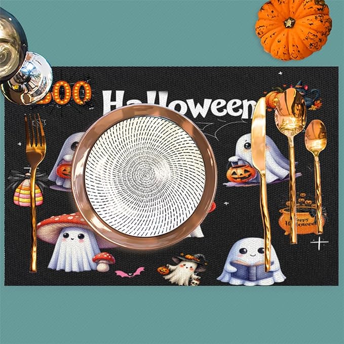 Halloween Ghosts Pumpkin Cute Placemats Set of 4 PVC Vinyl Non Slip Table Mats Heat Resistant Place Mats Washable Wipeable Dining Table Mat for Kitchen Decor Party Indoor Outdoor Decorative Gift