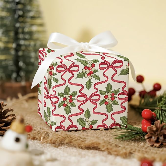 LeZakaa Christmas Wrapping Paper Roll – 17 in x 16.4 ft Gift Wrap with Red Ribbon Bows & Holly Berry Festive Design for Holiday Presents & Party Decorations