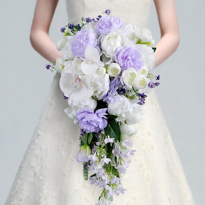 Cascading Bouquets for Bride, White and Purple Water Drop Waterfall Artificial Flowers Roses Bridal Bouquet for Wedding Ceremony Anniversary Party Bridal Shower Decoration