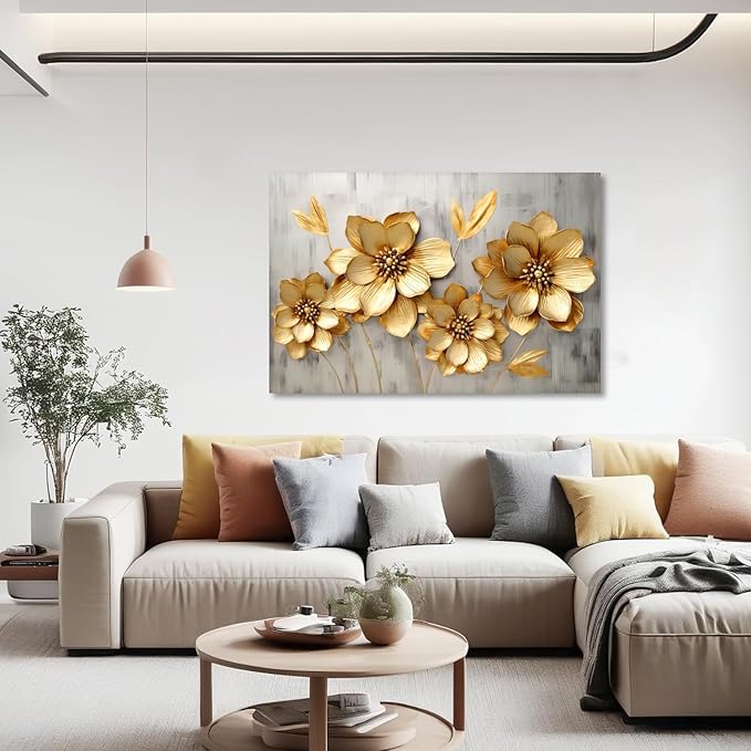 KPLUNDO Canvas Prints Wall Art Gold Flower Picture Gray Poster Landscape Painting Aesthetics Artwork Home Decor for Living Room Kitchens Decoration Gallery Wrap Ready to Hang(Art-2,28.00x42.00 inch)