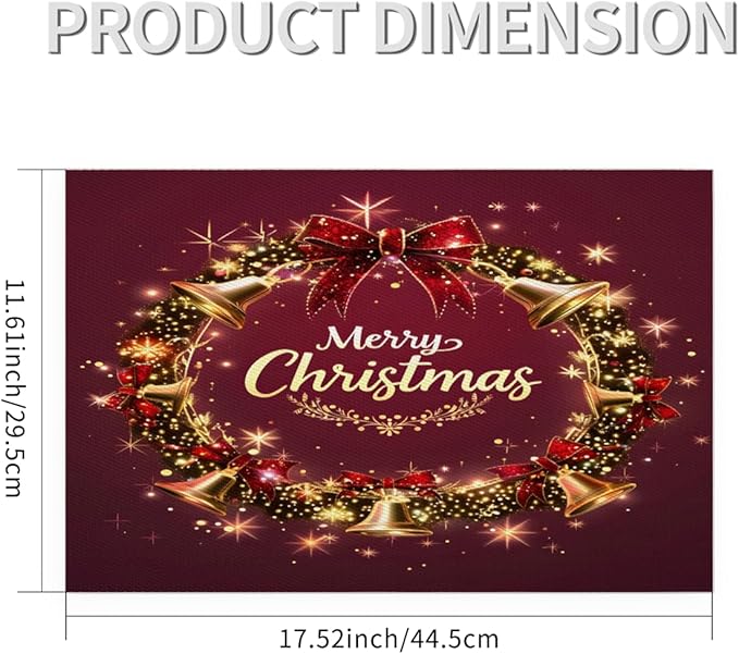 Xmas Christmas Bells Red Placemats Set of 6 PVC Vinyl Non Slip Table Mats Heat Resistant Place Mats Washable Wipeable Dining Table Mat for Kitchen Decor Party Indoor Outdoor Decorative Gift