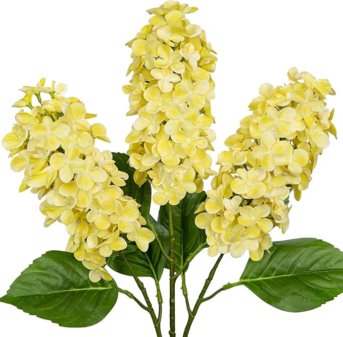 Artificial Hydrangea Flowers Real Touch – 3PCS 24.8" Faux Cone Hydrangea Stems for Tall Vases, Home Décor, Wedding Centerpieces, Floral Arrangements – Butter Yellow