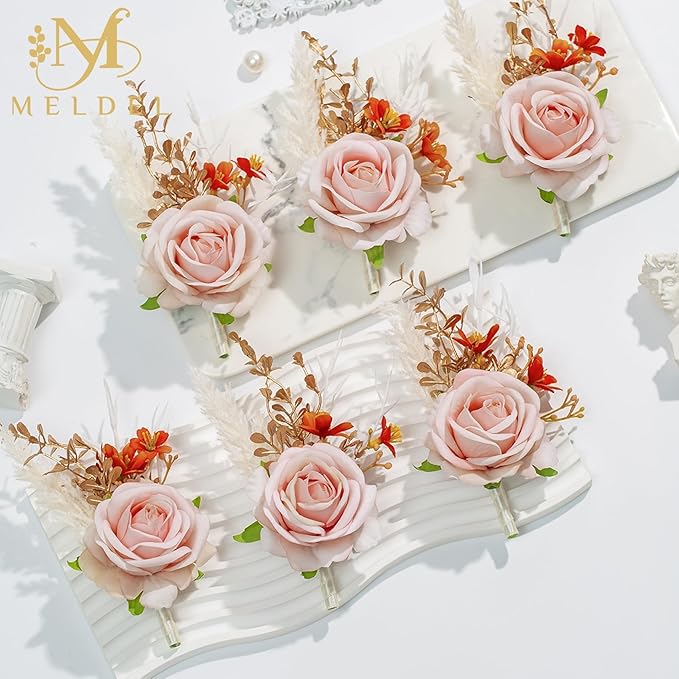 Meldel Pink Wrist Corsage and Boutonniere Set, Flower On Wrist for Bride Bridesmaid Wedding, Boutonniere for Men Groom Groomsman Wedding Accessories Prom Party Suit Decorations