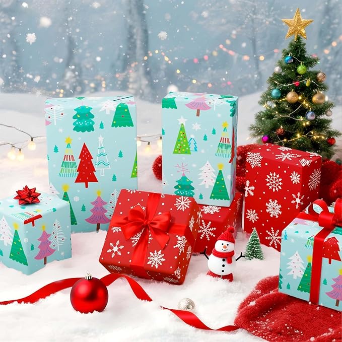 WERNNSAI Christmas Tree Wrapping Paper - 1 Roll 17”x 33 ft Christmas Gift Wrapping Paper for Kids Reversible Snowflake Wrap Papers Red Green Holiday Gift Wrap for Family Friends Xmas Winter Party