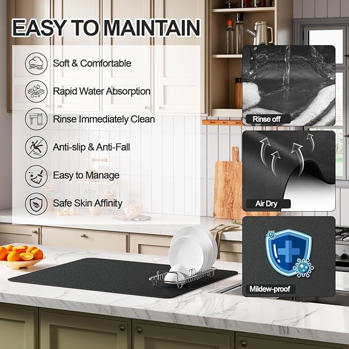 Dish Drying Mat for Kitchen Counter | Coffee Bar Mat for Countertops | Heat Resistant Drainer Mat with Non-slip Rubber Backed | Hide Stain Kitchen Absorbent Draining Mat | Black 16"x18"
