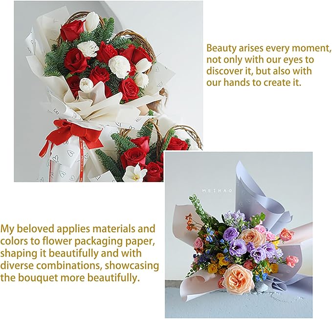 MLSG 20 Sheet Solid Color Heart Wrapping Paper - Waterproof Floral Bouquet Wrapping Paper, Florist Supplies Packaging Paper for Wedding Birthday Gift Wrap Paper(White Black)