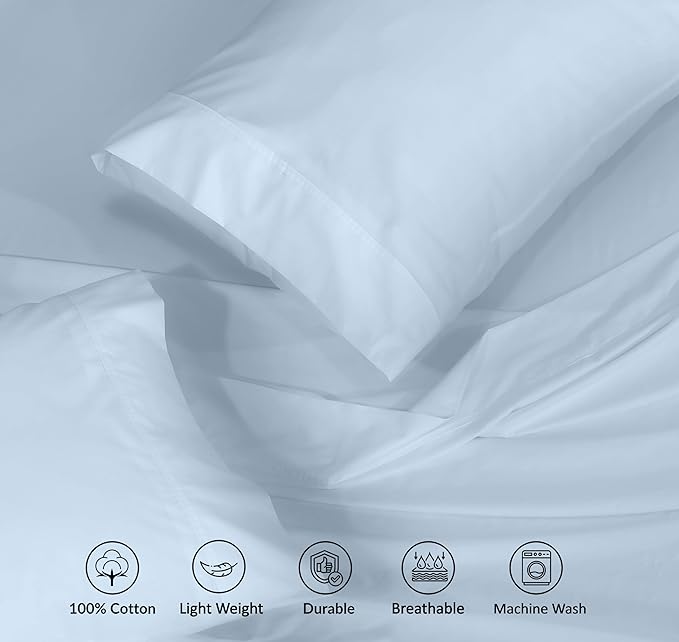 RUVANTI 100% Cotton Twin XL Sheet Sets, 3 Pieces, Soft & Breathable Percale Weave Bedding, Deep Pocket 16", Hotel Standard, Crisp Cool Feel, Durable, Perfect Size Dyed Sheets, Baby Blue