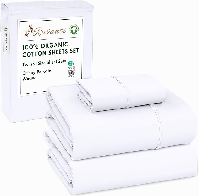 RUVANTI 100% Organic Cotton Sheets Twin XL, Percale Weave, GOTS Certified, 3-Piece Set, Deep Pocket 15", Crisp & Breathable, Soft Durable Bedding, Sábanas Algodón Orgánico – Bright White