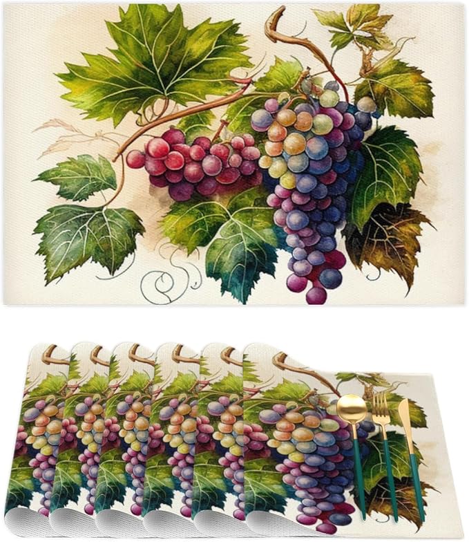 Fruit Grapes Purple Abstract Placemats Set of 6 PVC Vinyl Non Slip Table Mats Waterproof Heat Resistant Place Mats Washable Wipeable Dining Table Mat for Kitchen Party Indoor Outdoor Decorative