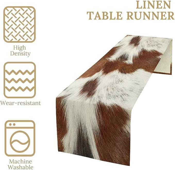 Cow Skin Print Table Runner, Rustic Country Farmhouse Animal Fur Skin Western Farm Dark Brown Cowhide Print Dinner Runner Table Decoration for Home Kitchen Dining 13x36in