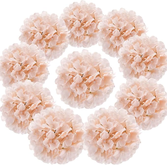 Flojery Silk Hydrangea Heads Artificial Flowers Heads with Stems for Home Wedding Decor,Pack of 10 (Blush)