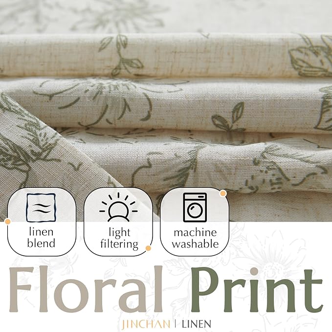jinchan Lined Linen Blend Curtain Floral Curtains for Living Room 90 Inches Long Christmas Green Peony Flower Printed Curtain Back Tab Farmhouse Patterned Drapes Bedroom Curtains Set 2 Panels