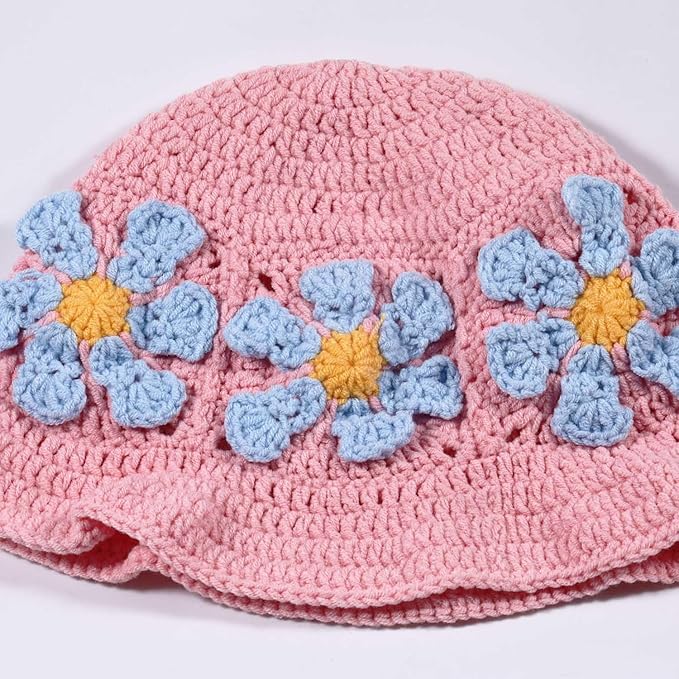 Crochet Bucket Hat for Women Flower Knit Hat Hollow Out Foldable Cap Hats