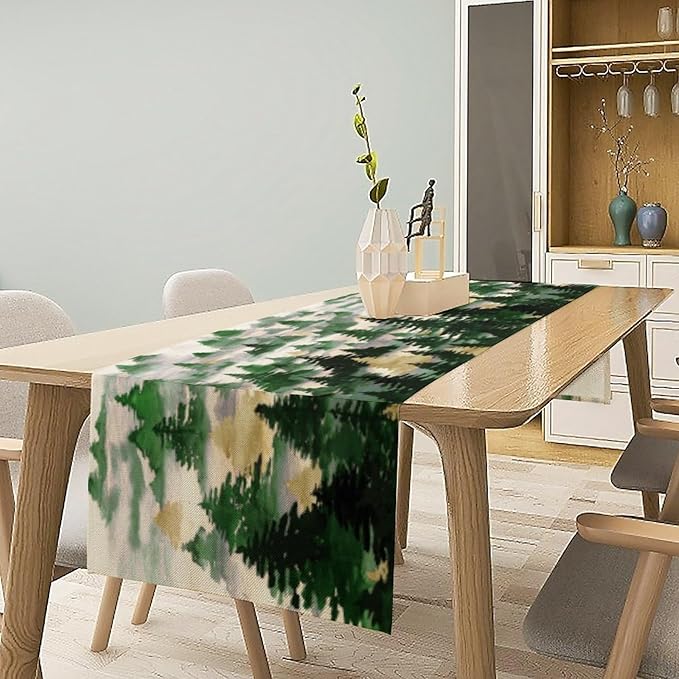 Watercolor Green Pine Trees Table Runner, Forest Woodland Tabletop Scarf Home Kitchen Holiday Decor, Seasonal Farmhouse Rustic Dining Decorations Party Supply 13 X 120 Inch