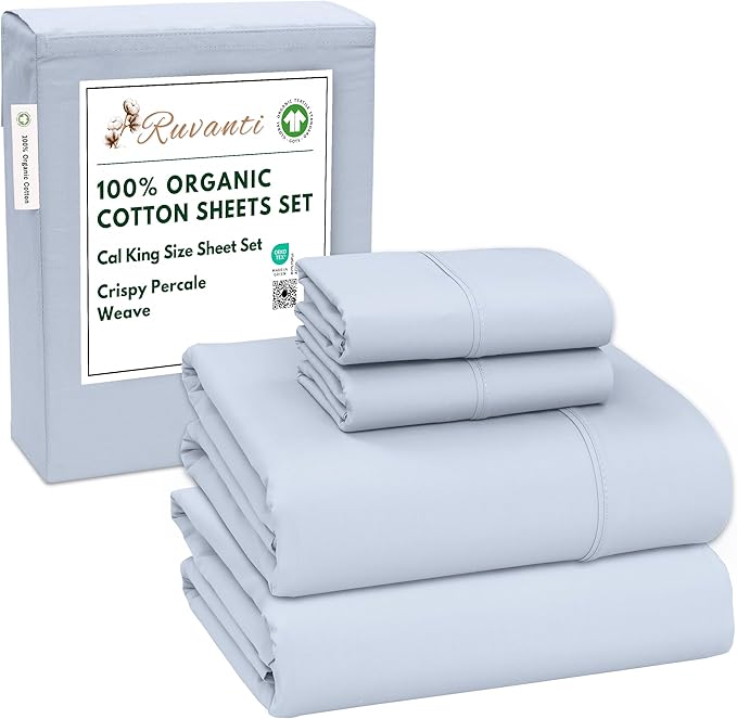 RUVANTI 100% Organic Cotton Sheets California King, Percale Weave, GOTS Certified, 4-Piece Set, Deep Pocket 13", Crisp & Breathable, Soft Durable Bedding, Sábanas Algodón Orgánico – Arctic Ice