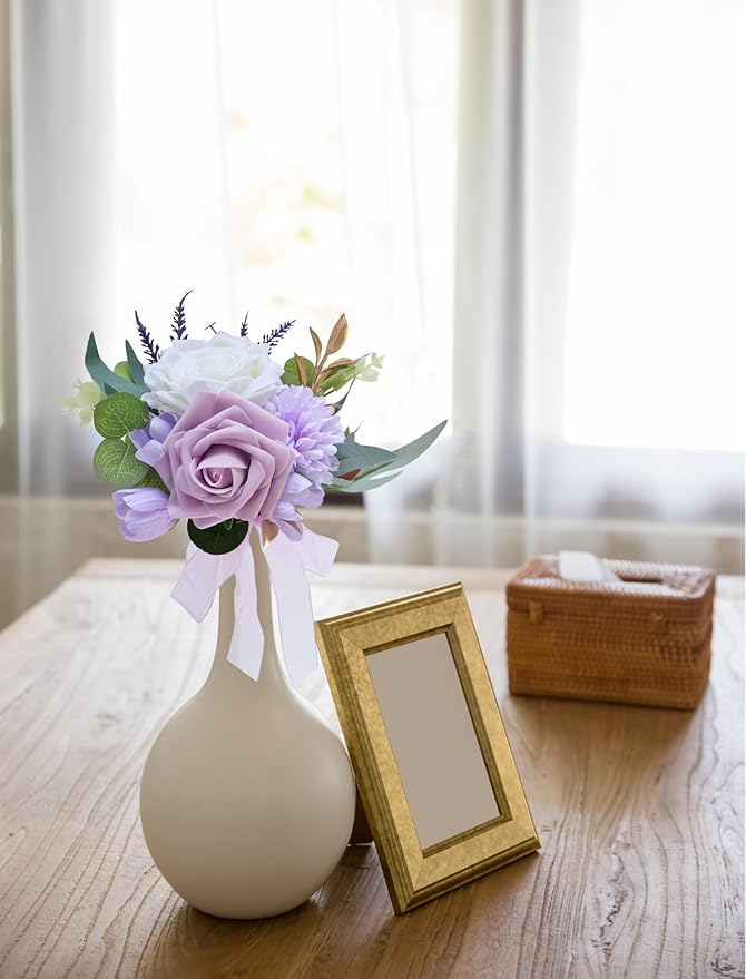 Marriwise Set of 6 Purple Assorted Wedding Flower Centerpieces Pre-Made Mini Bridesmaid Bouquets Artificial Floral Lavender Table Decor for Wedding Decorations Shower Home Decor (Purple)