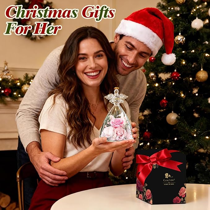 Casaido Christmas Rose Gifts for Women, 7" Pink Preserved Roses Flowers in Glass Angel Figurine, Birthday Gift for Mom Wife Grandma, Eternal Rose for Mothers Day Valentines Anniversary