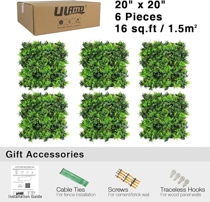 ULAND Artificial Topiary Hedges Panels, Plastic Faux Shrubs Fence Mat, Greenery Wall Backdrop Decor, Garden Privacy Screen Fence, Pack of 6pcs 20"x20"