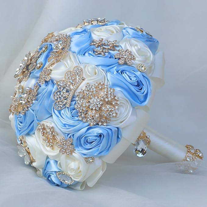 Handmade Satin Rose Floral Bling Pearl Decor Bridal Wedding Bouquet Rhinestone Pendant Artificial Brooch Flowers for Bride Bridesmaid Quinceanera