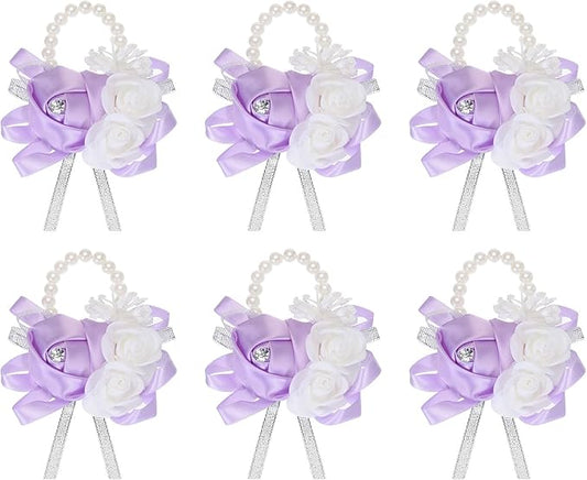 MECCANIXITY 6Pcs Wrist Corsage Artificial Flower Bracelets Rose Wrist Bride Groom Decorative for Wedding Ceremony Prom Party Anniversary Light Purple