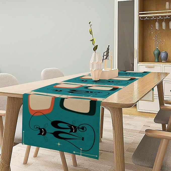 Mid Century Modern Black Cat Table Runner,Table Runners for Kitchen Dining Modern Tables Decor Decoration for Kitchen Family Dinner Table Holiday Party Farmhouse 13 x 90 Inch Blue